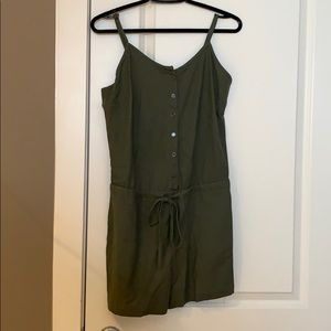 Green Button Down Cargo Romper with Cinched Waist